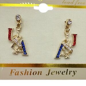 Elegante USA Flag Earring Gold Red White Blue Rhinestone Patriotic July 4th New